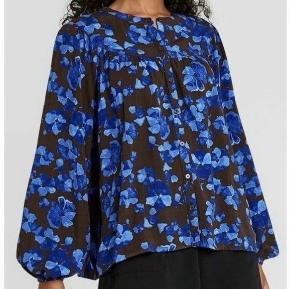 A NEW DAY Women’s Brown Blue Floral Print Long Sleeve Button Front Blouse M - Picture 1 of 7